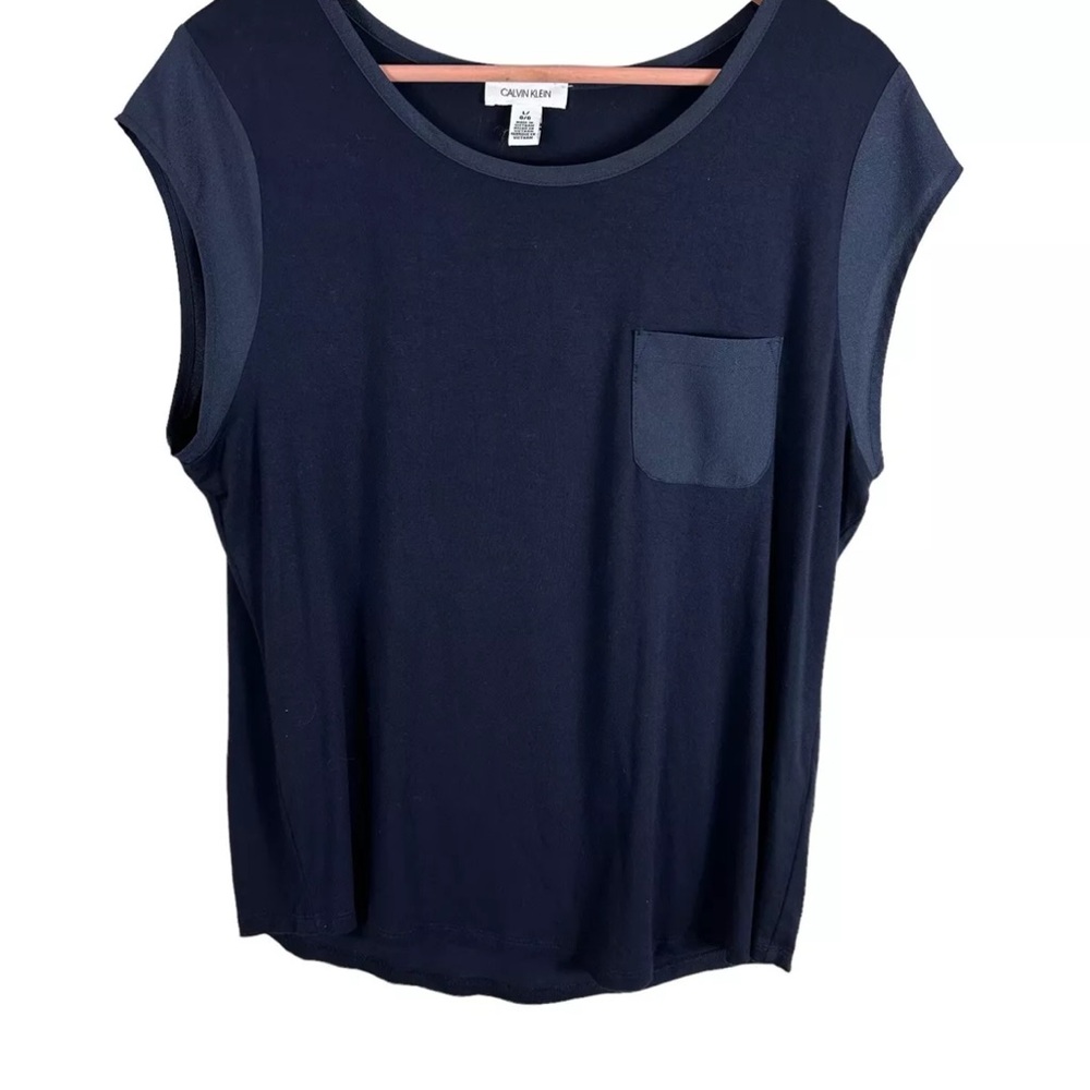 CALVIN KLEIN Short Sleeve Pocket Top Tee Shirt Size Large Black Women's Rayon